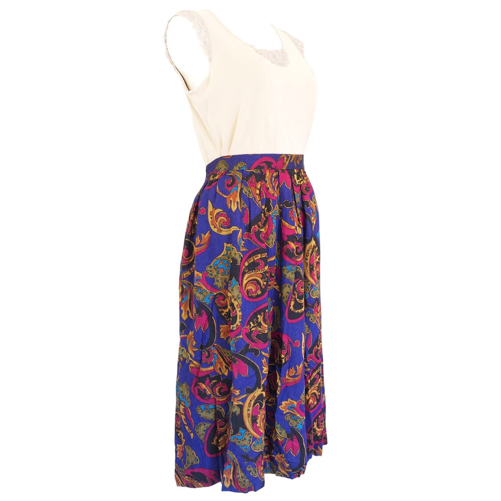 90s Vintage Purple‎ Paisley Midi Skirt Pleated Waist Full Style Womens Size M